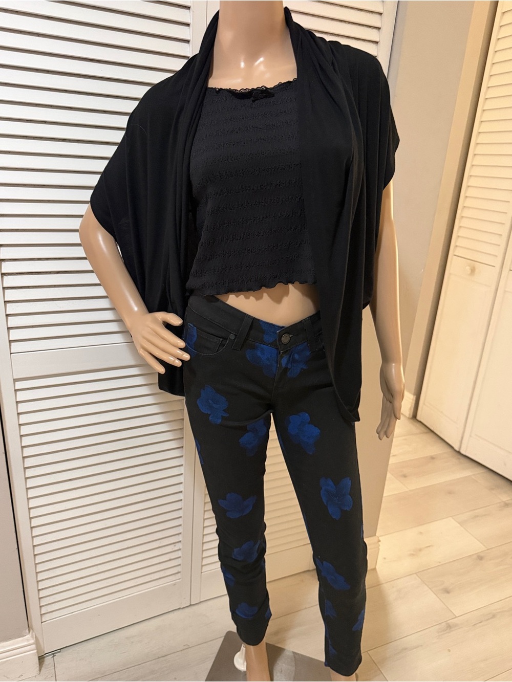 Paige Black Cobalt Floral Skinny Jeans | Designer Stretch Denim Statement Pants